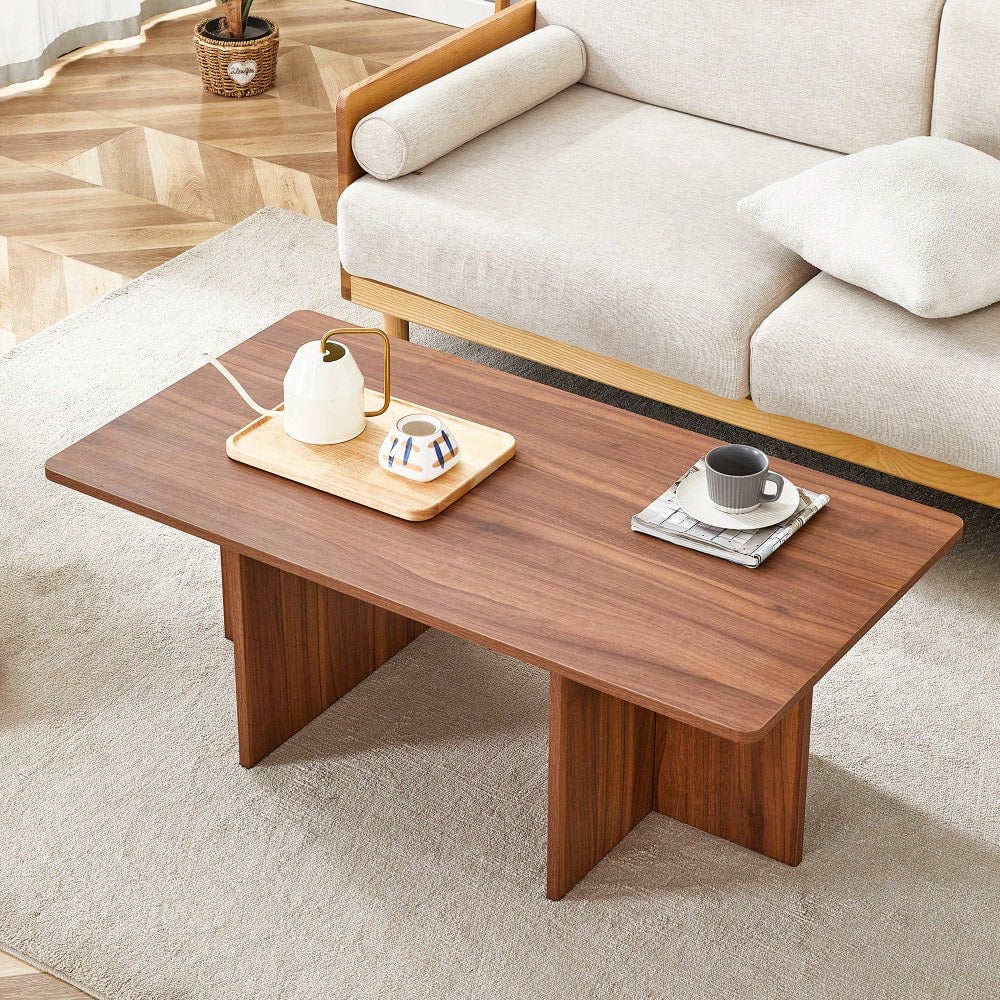 Modern 44.8 Inch Walnut Wood Grain MDF Coffee Table With Stable Triangular Support For Living Room And Bedroom