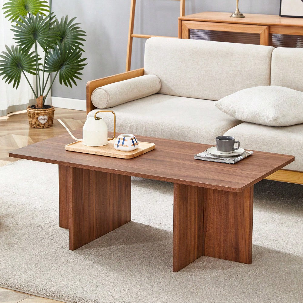 Modern 44.8 Inch Walnut Wood Grain MDF Coffee Table With Stable Triangular Support For Living Room And Bedroom