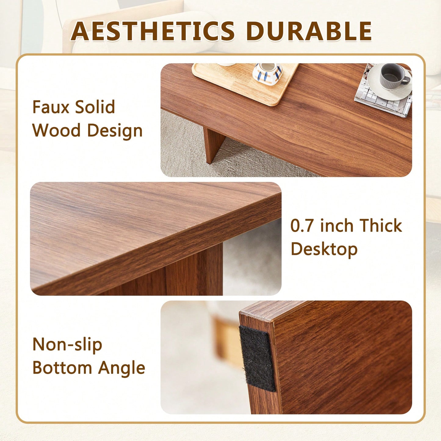 Modern 44.8 Inch Walnut Wood Grain MDF Coffee Table With Stable Triangular Support For Living Room And Bedroom