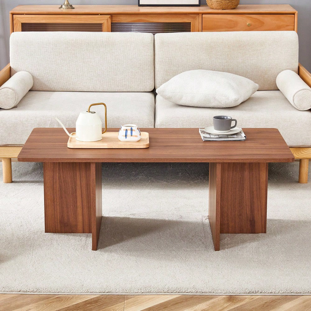 Modern 44.8 Inch Walnut Wood Grain MDF Coffee Table With Stable Triangular Support For Living Room And Bedroom