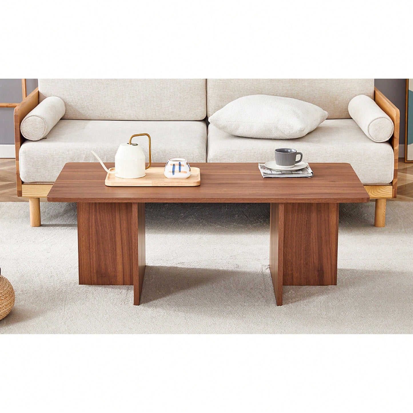 Modern 44.8 Inch Walnut Wood Grain MDF Coffee Table With Stable Triangular Support For Living Room And Bedroom