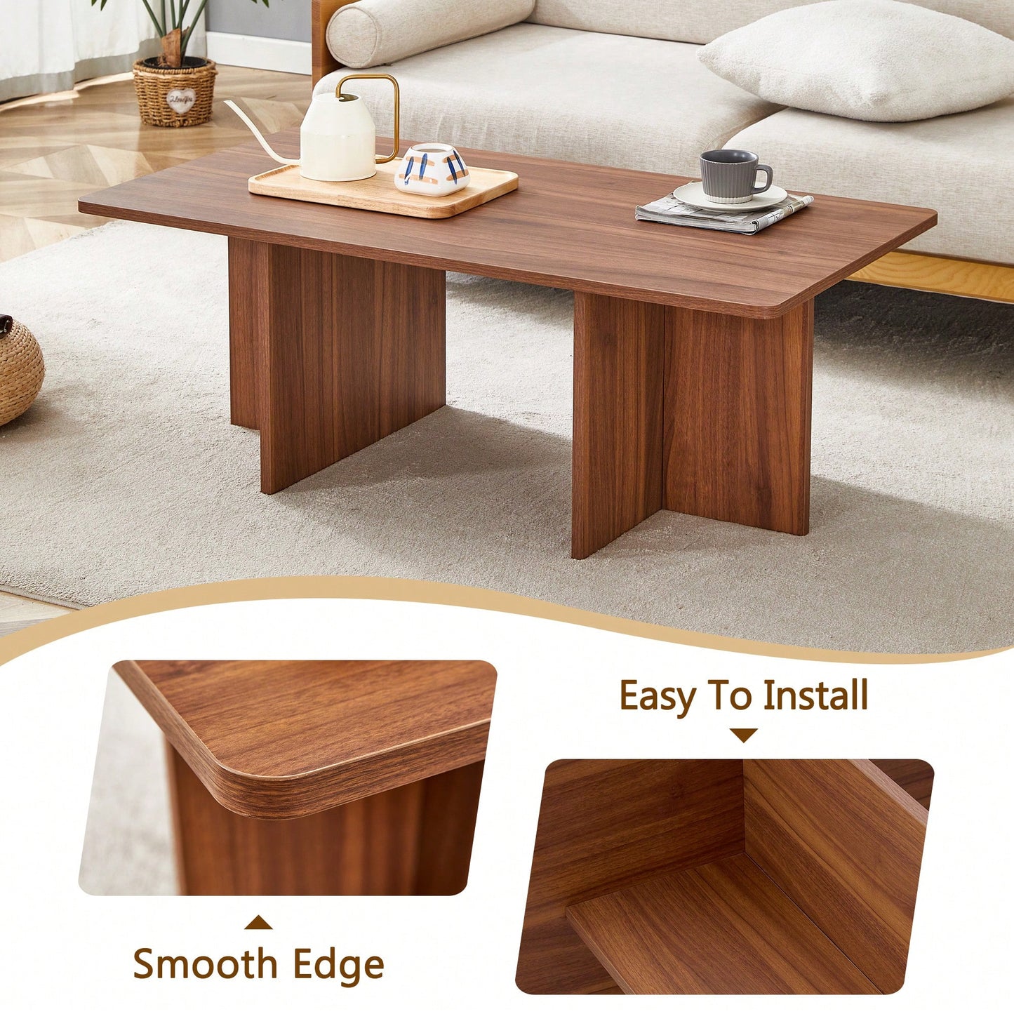 Modern 44.8 Inch Walnut Wood Grain MDF Coffee Table With Stable Triangular Support For Living Room And Bedroom