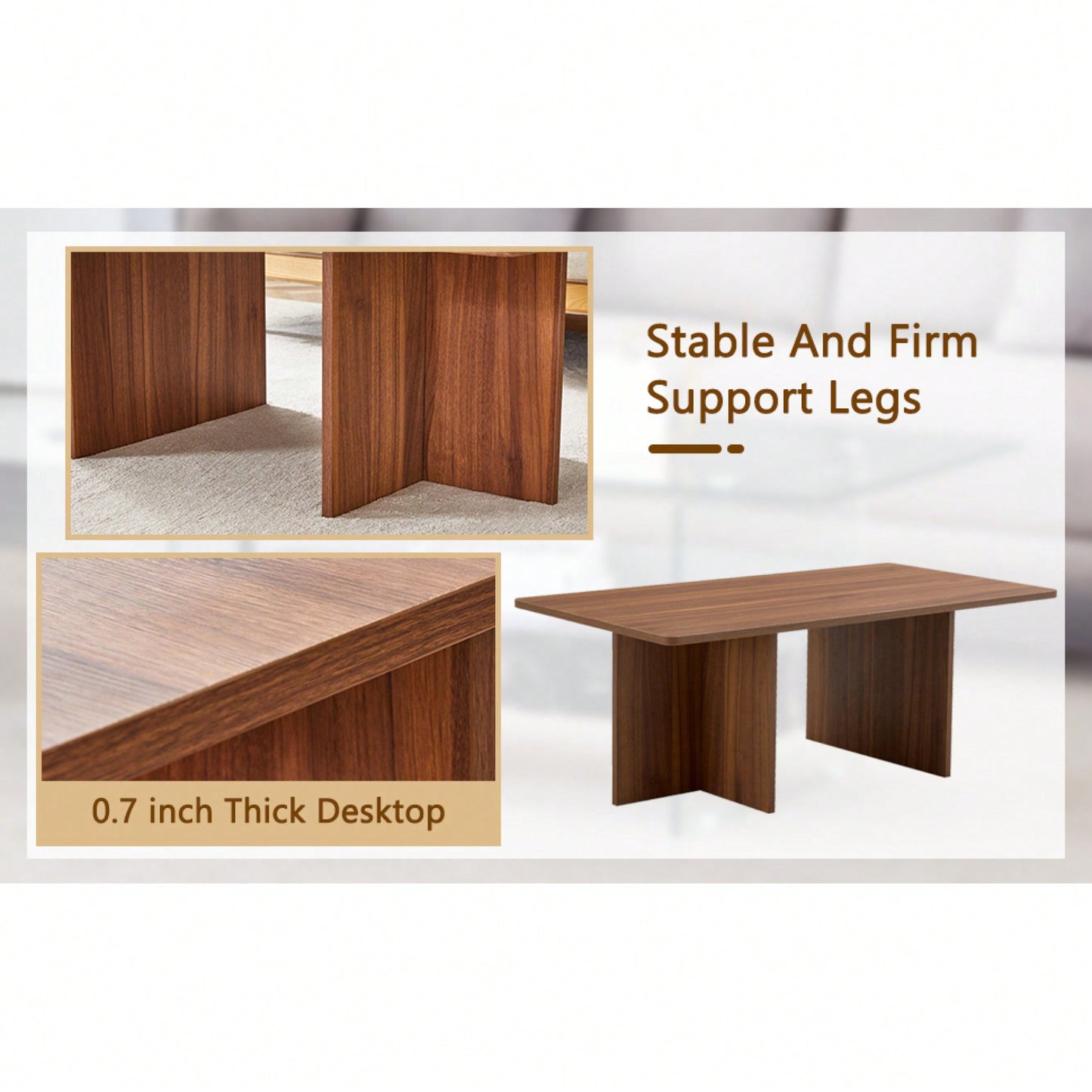 Modern 44.8 Inch Walnut Wood Grain MDF Coffee Table With Stable Triangular Support For Living Room And Bedroom