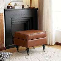 PU Leather Ottoman With Solid Wood Legs And Rolling Casters For Versatile Home Decor Brown