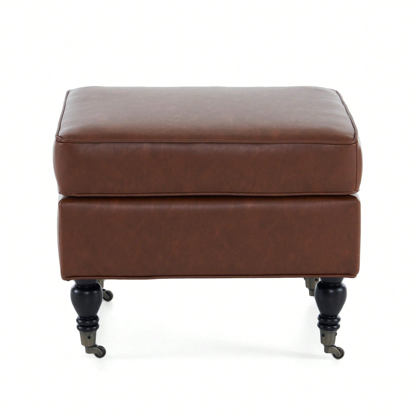 PU Leather Ottoman With Solid Wood Legs And Rolling Casters For Versatile Home Decor Brown
