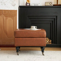 PU Leather Ottoman With Solid Wood Legs And Rolling Casters For Versatile Home Decor Brown