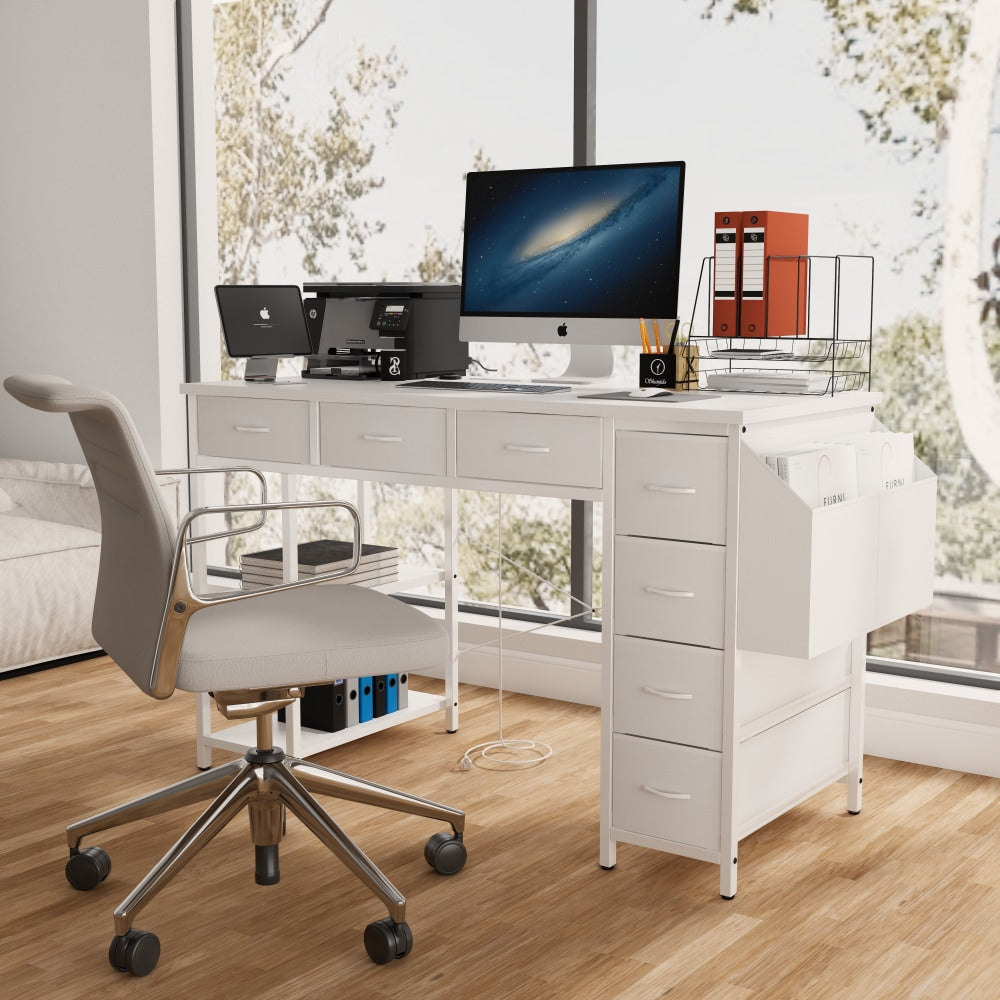 47 Inch Home Office Desk With Power Outlet And 7 Fabric Drawers, Writing Table With Large Side Pocket, White Vanity Table