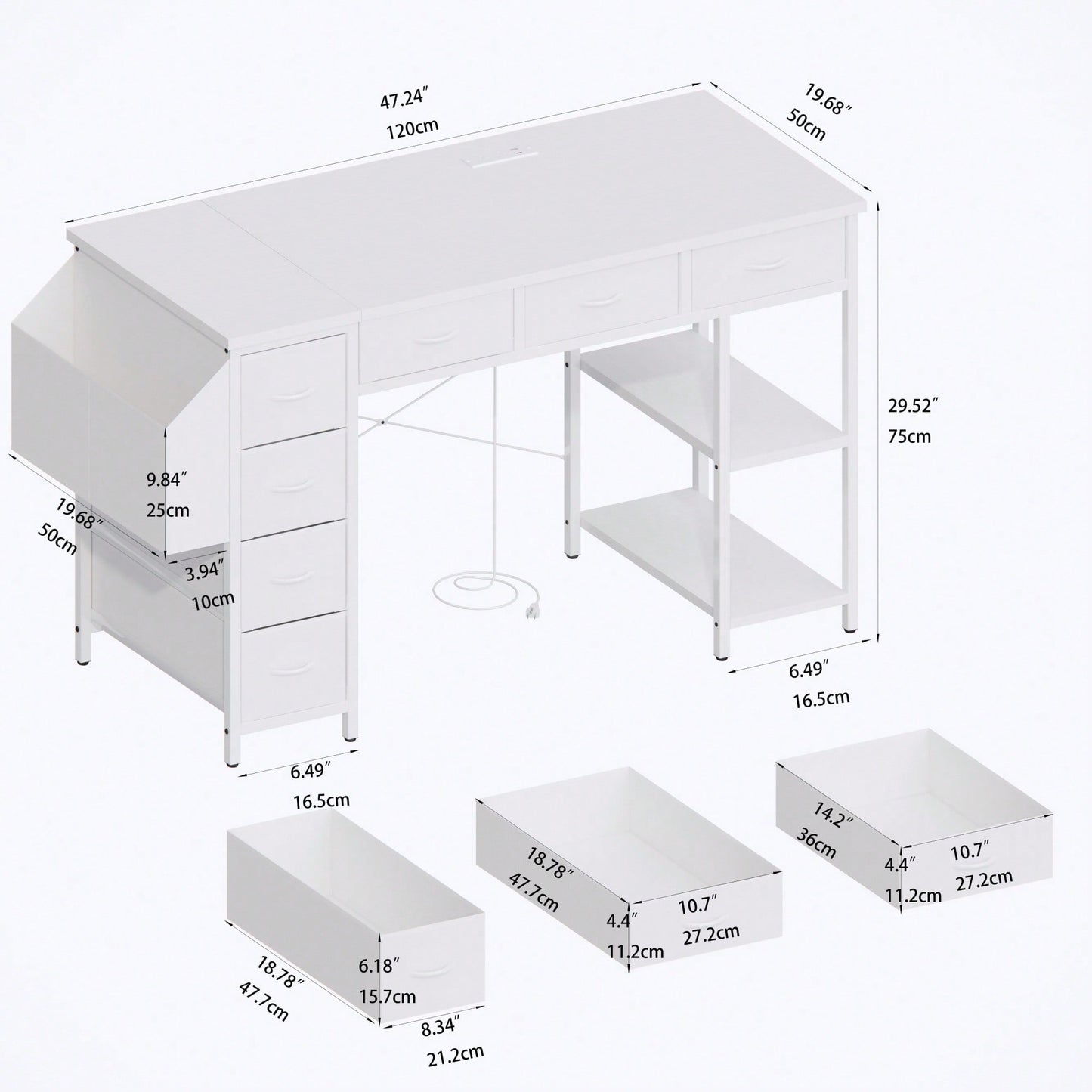 47 Inch Home Office Desk With Power Outlet And 7 Fabric Drawers, Writing Table With Large Side Pocket, White Vanity Table