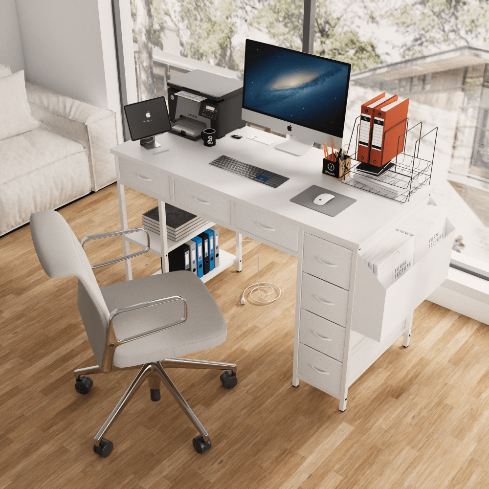 47 Inch Home Office Desk With Power Outlet And 7 Fabric Drawers, Writing Table With Large Side Pocket, White Vanity Table