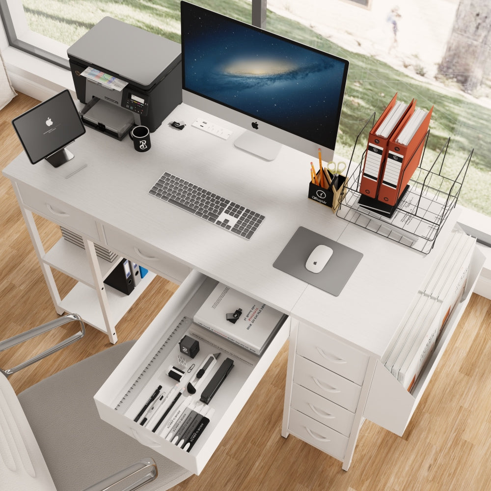 47 Inch Home Office Desk With Power Outlet And 7 Fabric Drawers, Writing Table With Large Side Pocket, White Vanity Table