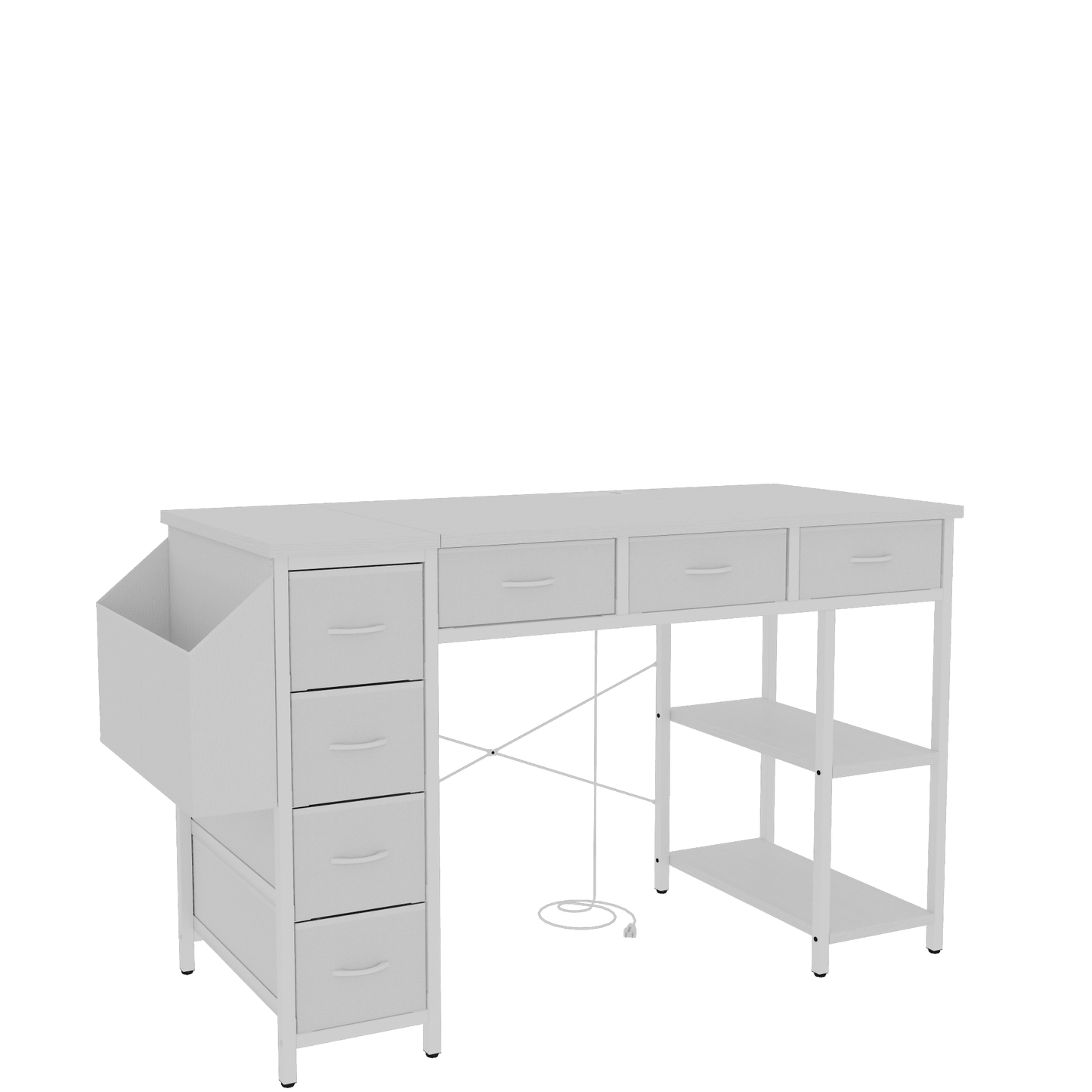 47 Inch Home Office Desk With Power Outlet And 7 Fabric Drawers, Writing Table With Large Side Pocket, White Vanity Table