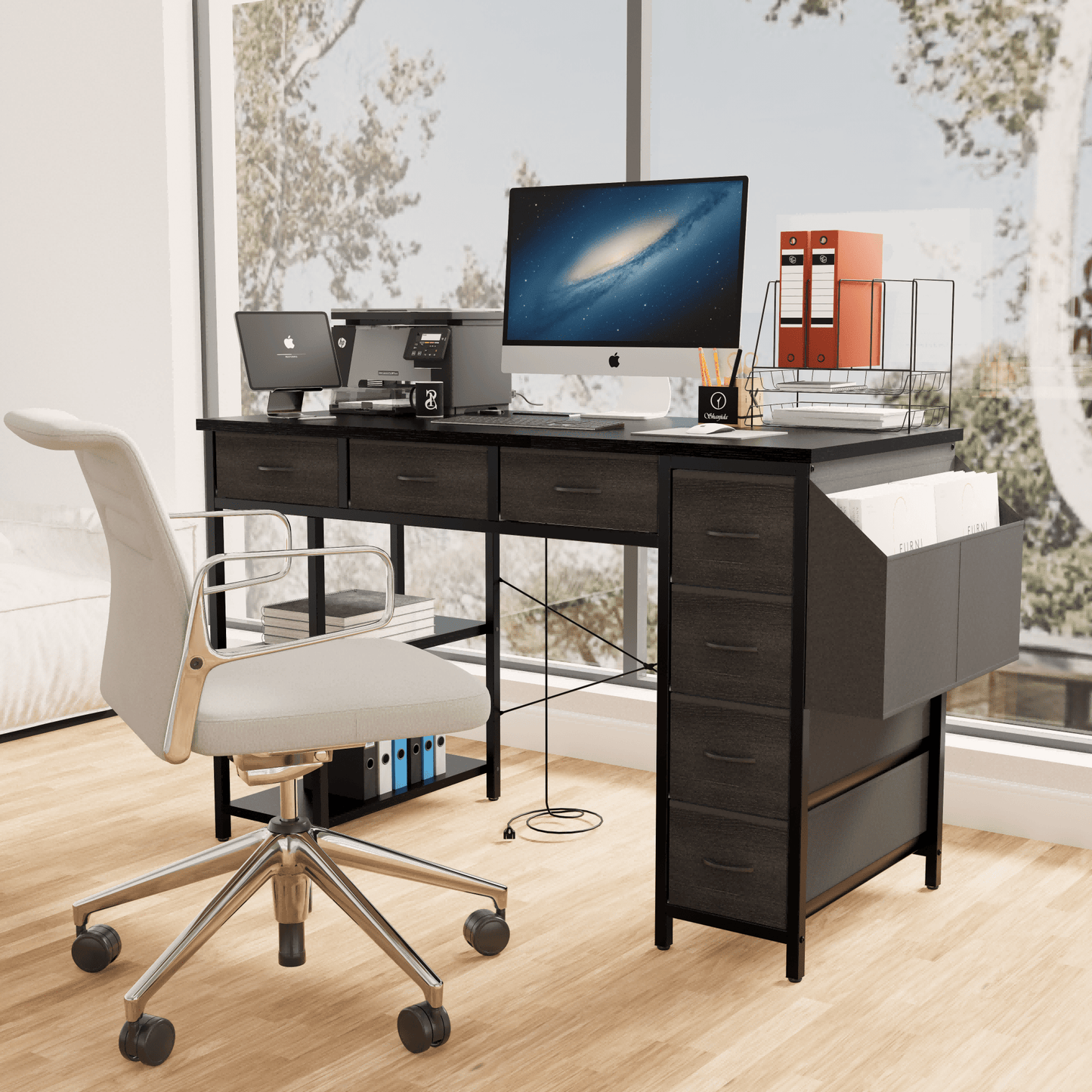 47 Inch Home Office Desk With Power Outlet And 7 Fabric Drawers, Writing Table With Large Side Pocket, White Vanity Table