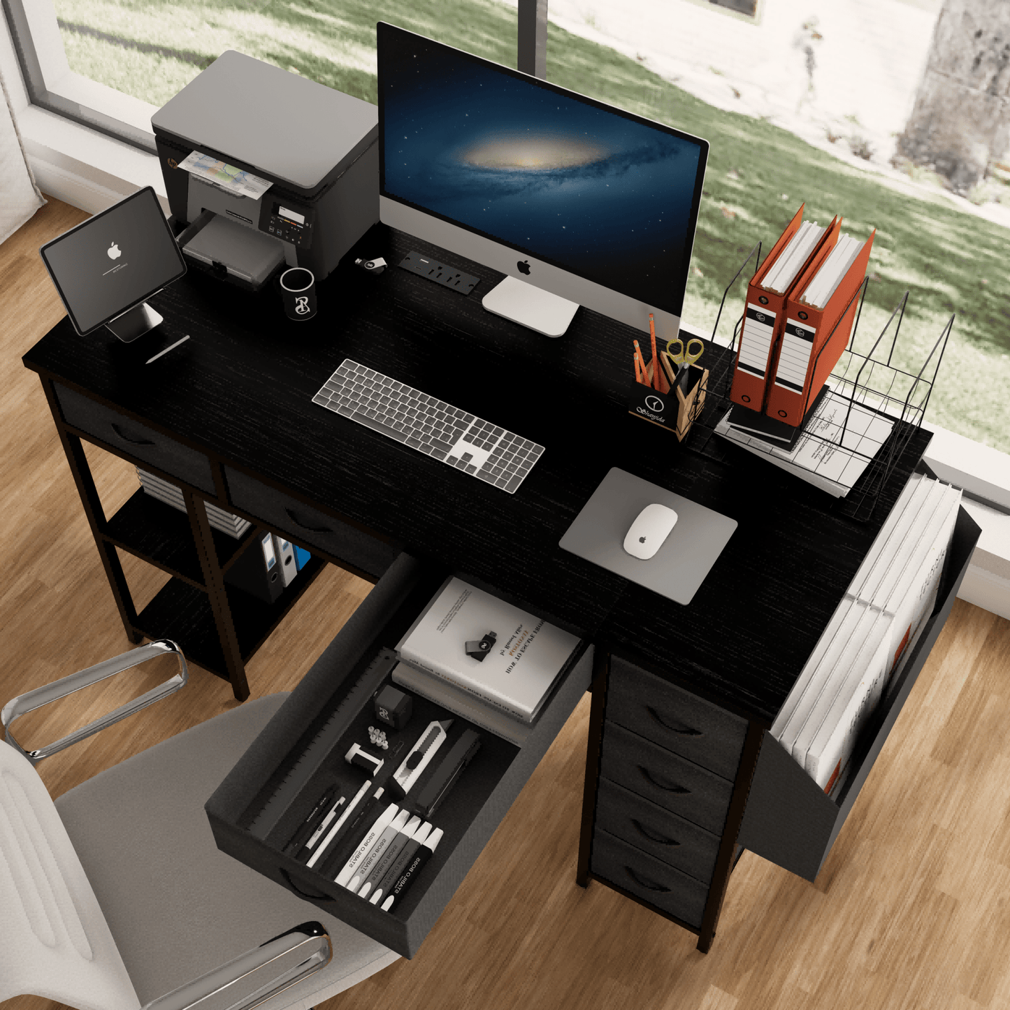 47 Inch Home Office Desk With Power Outlet And 7 Fabric Drawers, Writing Table With Large Side Pocket, White Vanity Table