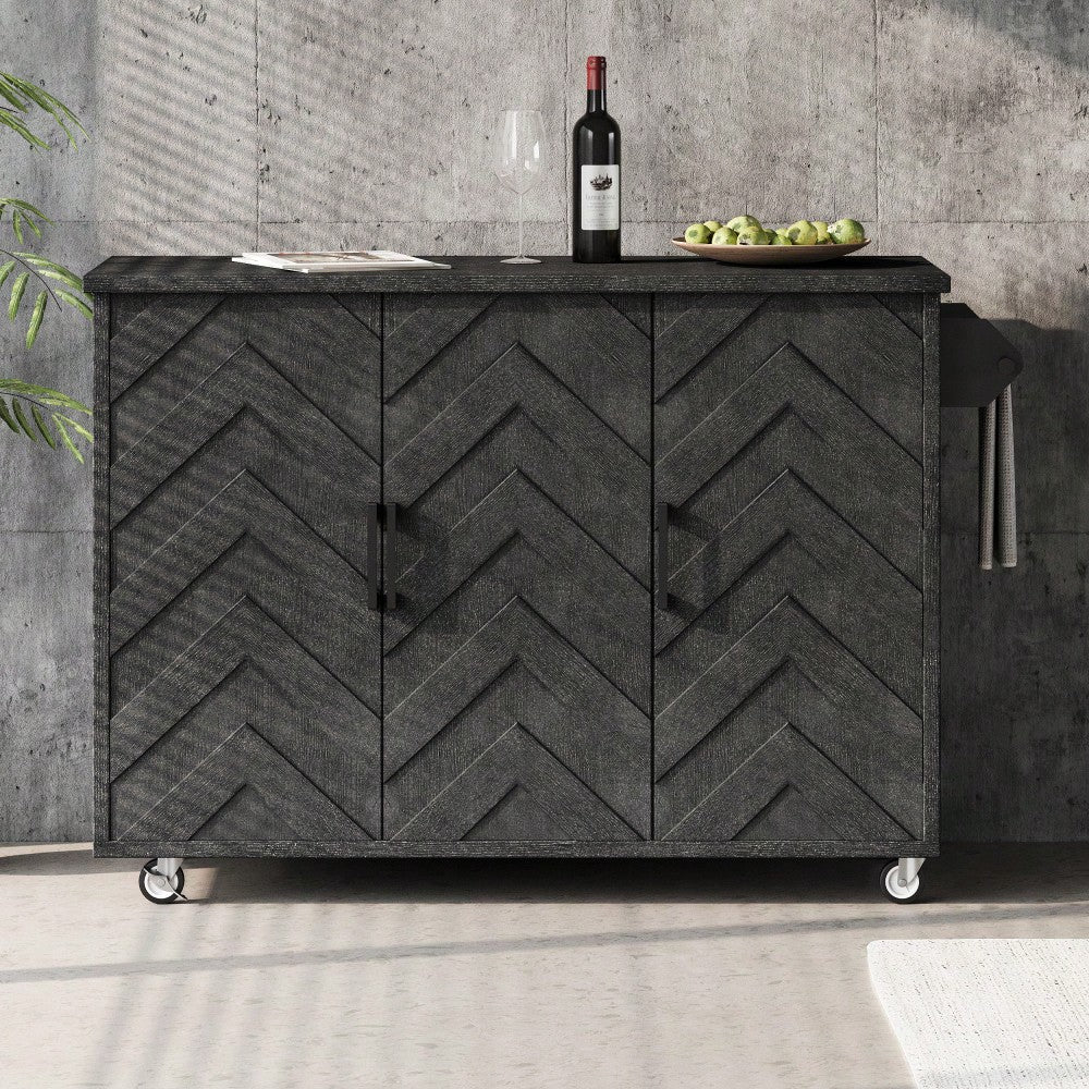 3D Wave Stripes Ash Veneer Kitchen Island With Drop Leaf And Wheels, Farmhouse Rolling Cart With Internal Storage Rack, Black Finish