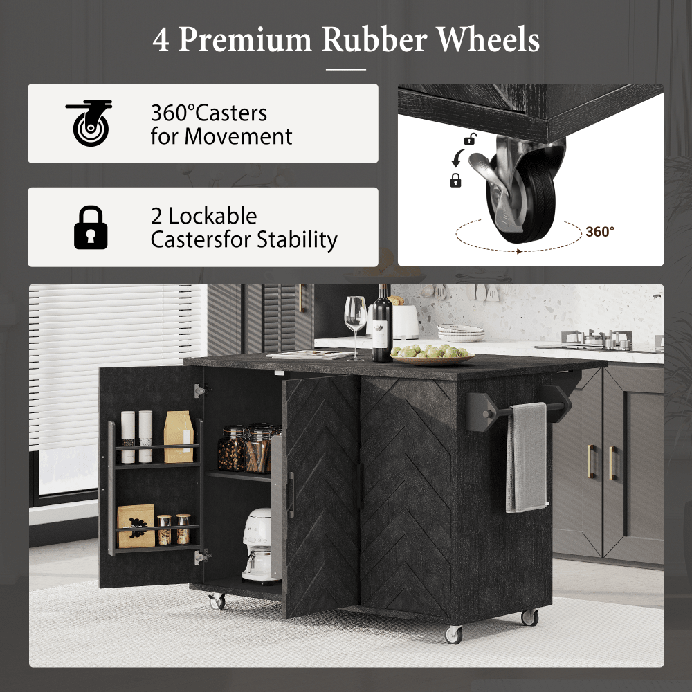 3D Wave Stripes Ash Veneer Kitchen Island With Drop Leaf And Wheels, Farmhouse Rolling Cart With Internal Storage Rack, Black Finish