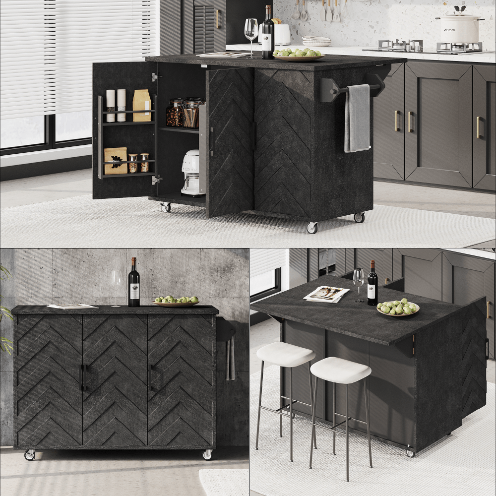 3D Wave Stripes Ash Veneer Kitchen Island With Drop Leaf And Wheels, Farmhouse Rolling Cart With Internal Storage Rack, Black Finish