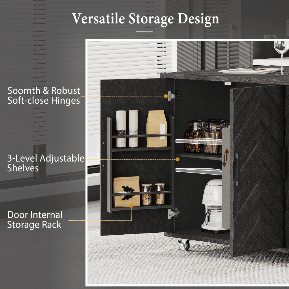 3D Wave Stripes Ash Veneer Kitchen Island With Drop Leaf And Wheels, Farmhouse Rolling Cart With Internal Storage Rack, Black Finish