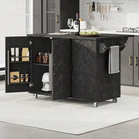 3D Wave Stripes Ash Veneer Kitchen Island With Drop Leaf And Wheels, Farmhouse Rolling Cart With Internal Storage Rack, Black Finish