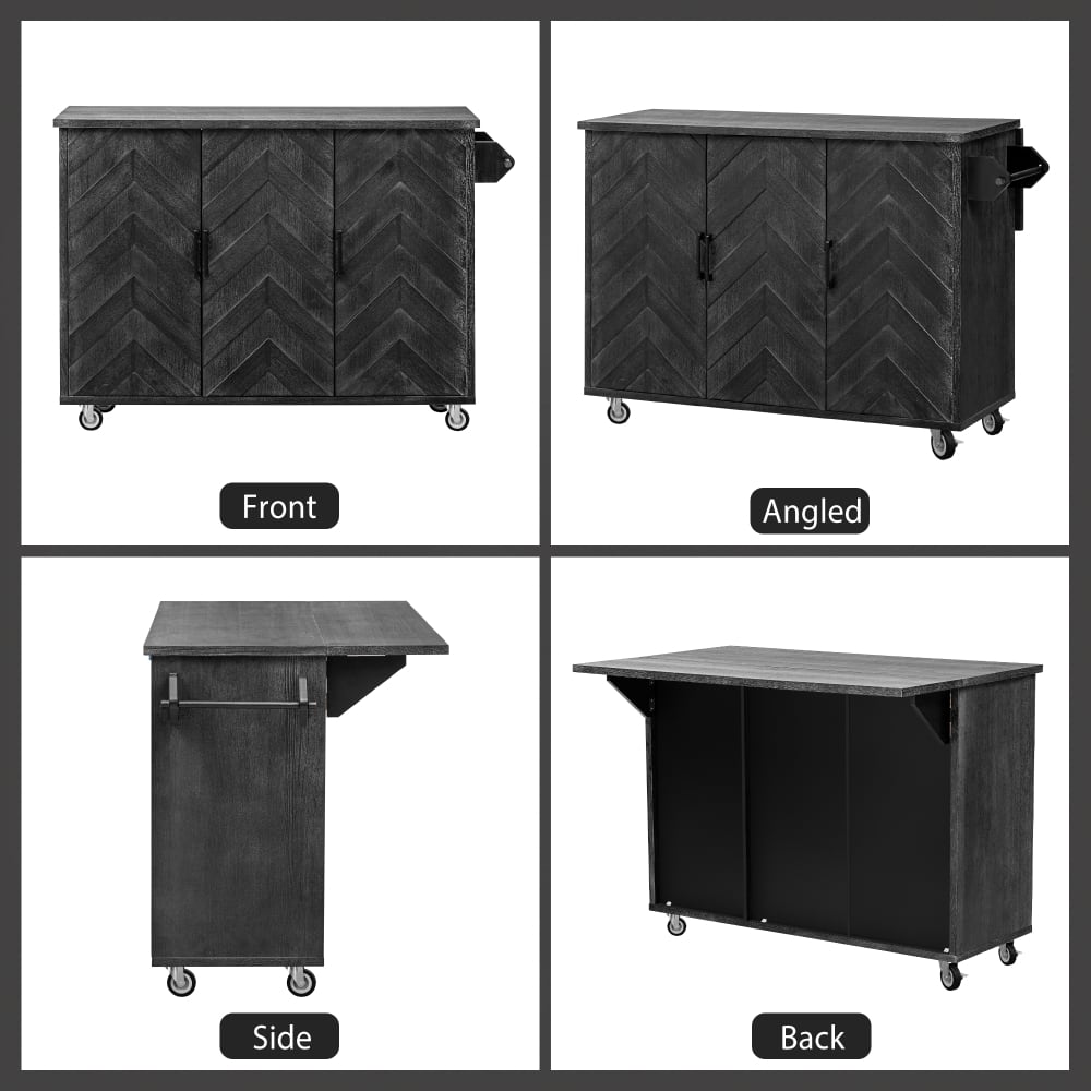 3D Wave Stripes Ash Veneer Kitchen Island With Drop Leaf And Wheels, Farmhouse Rolling Cart With Internal Storage Rack, Black Finish