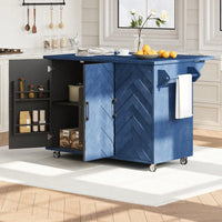 3D Wave Stripes Ash Veneer Kitchen Island With Drop Leaf And Wheels, Farmhouse Rolling Cart With Internal Storage Rack, Black Finish