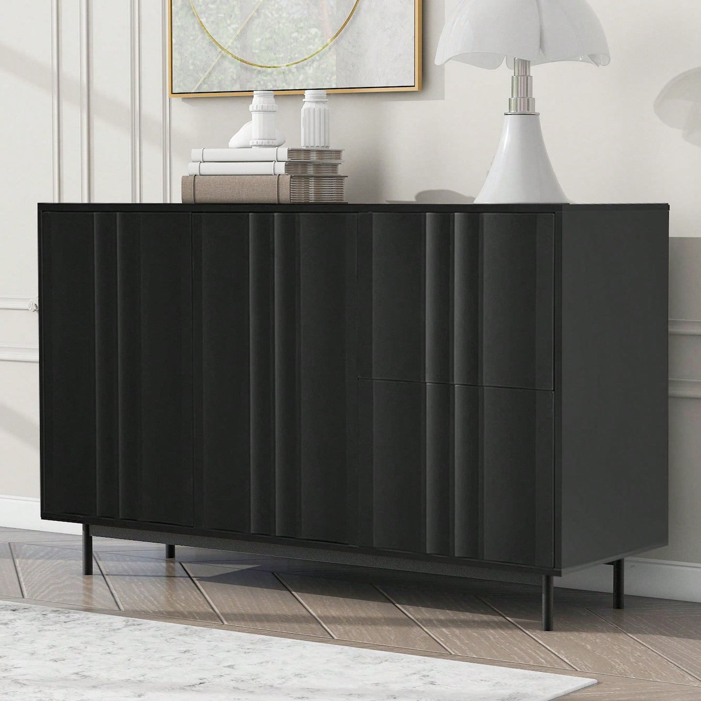 Wave Pattern Storage Cabinet With 2 Doors And 2 Drawers Adjustable Design For Study Entrance And Living Room