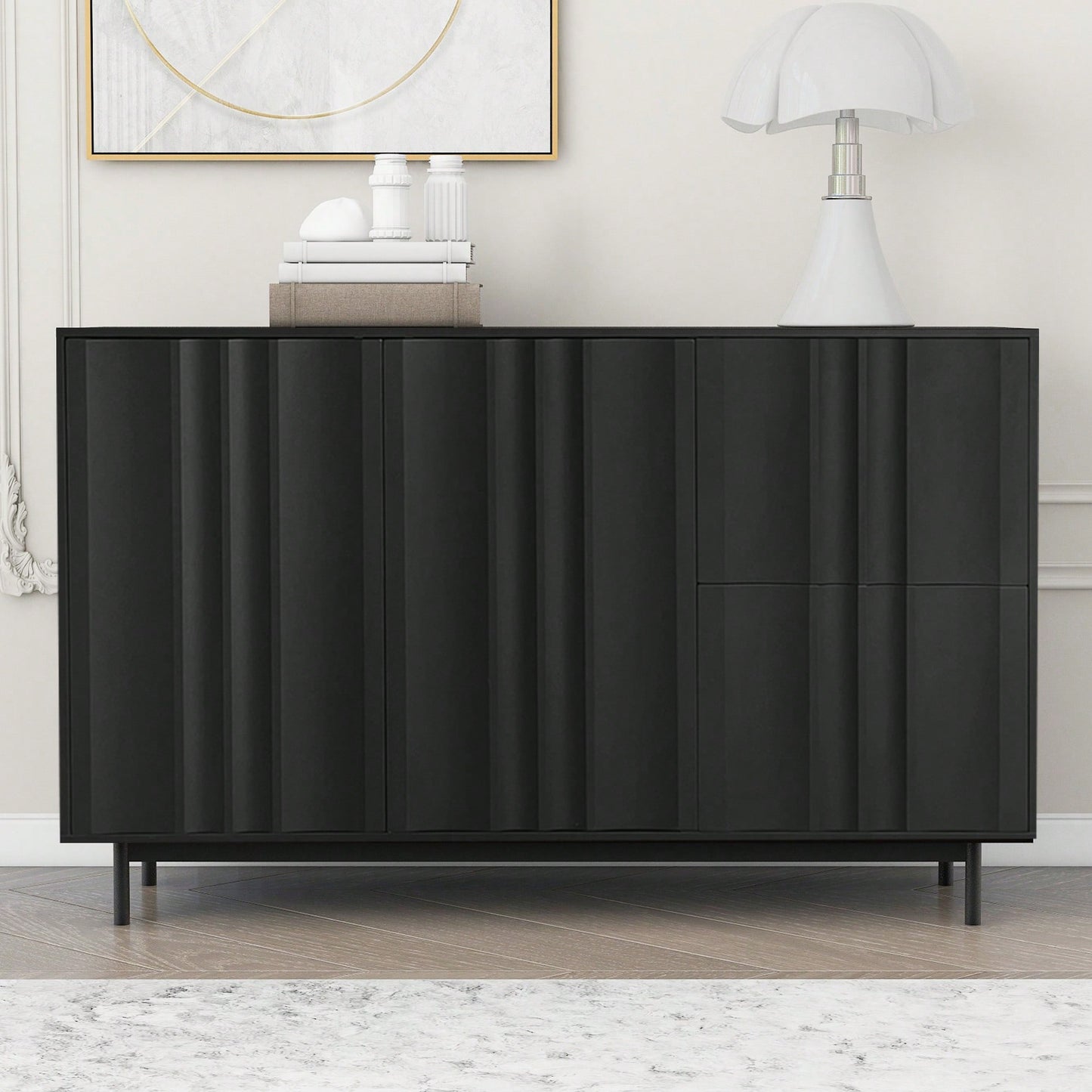 Wave Pattern Storage Cabinet With 2 Doors And 2 Drawers Adjustable Design For Study Entrance And Living Room