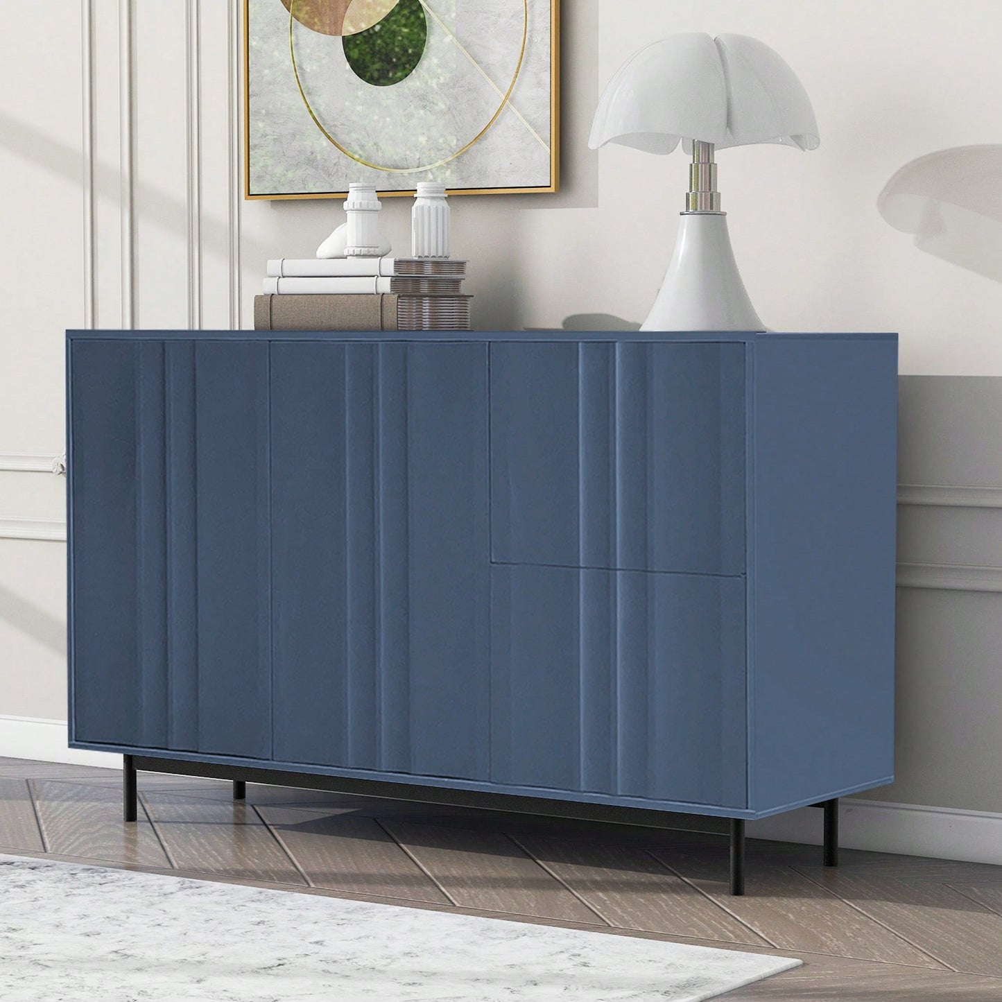 Wave Pattern Storage Cabinet With 2 Doors And 2 Drawers Adjustable Design For Study Entrance And Living Room