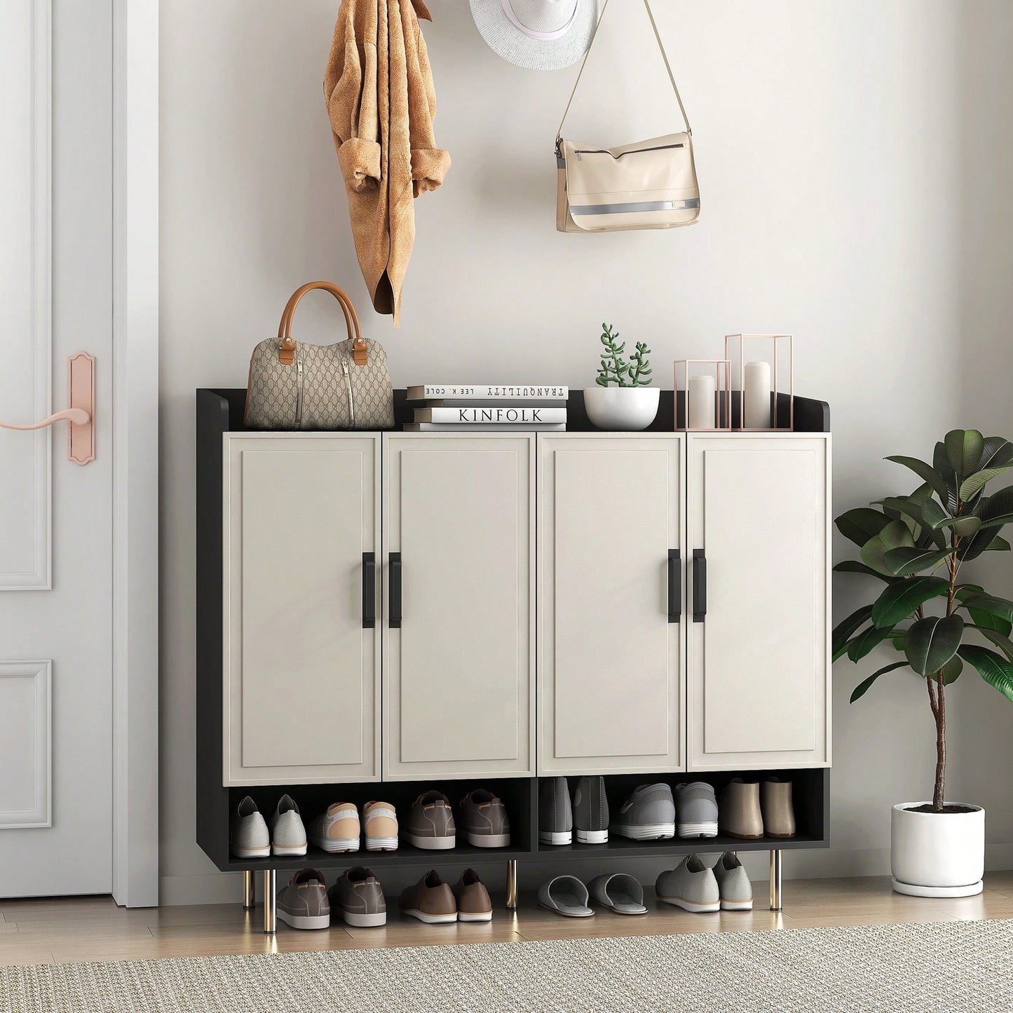 Modern Slim Black Shoe Storage Cabinet With 4 Doors And Adjustable Shelves For Entryway And Closet Organization