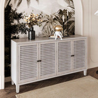 Wooden Accent Cabinet With 4 Shutter Doors For Living Room Entryway Kitchen And Dining Room Storage Distressed White