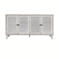 Wooden Accent Cabinet With 4 Shutter Doors For Living Room Entryway Kitchen And Dining Room Storage Distressed White