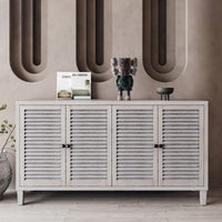 Wooden Accent Cabinet With 4 Shutter Doors For Living Room Entryway Kitchen And Dining Room Storage Distressed White