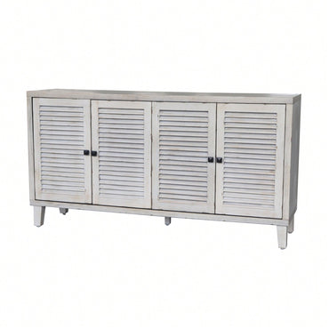 Wooden Accent Cabinet With 4 Shutter Doors For Living Room Entryway Kitchen And Dining Room Storage Distressed White