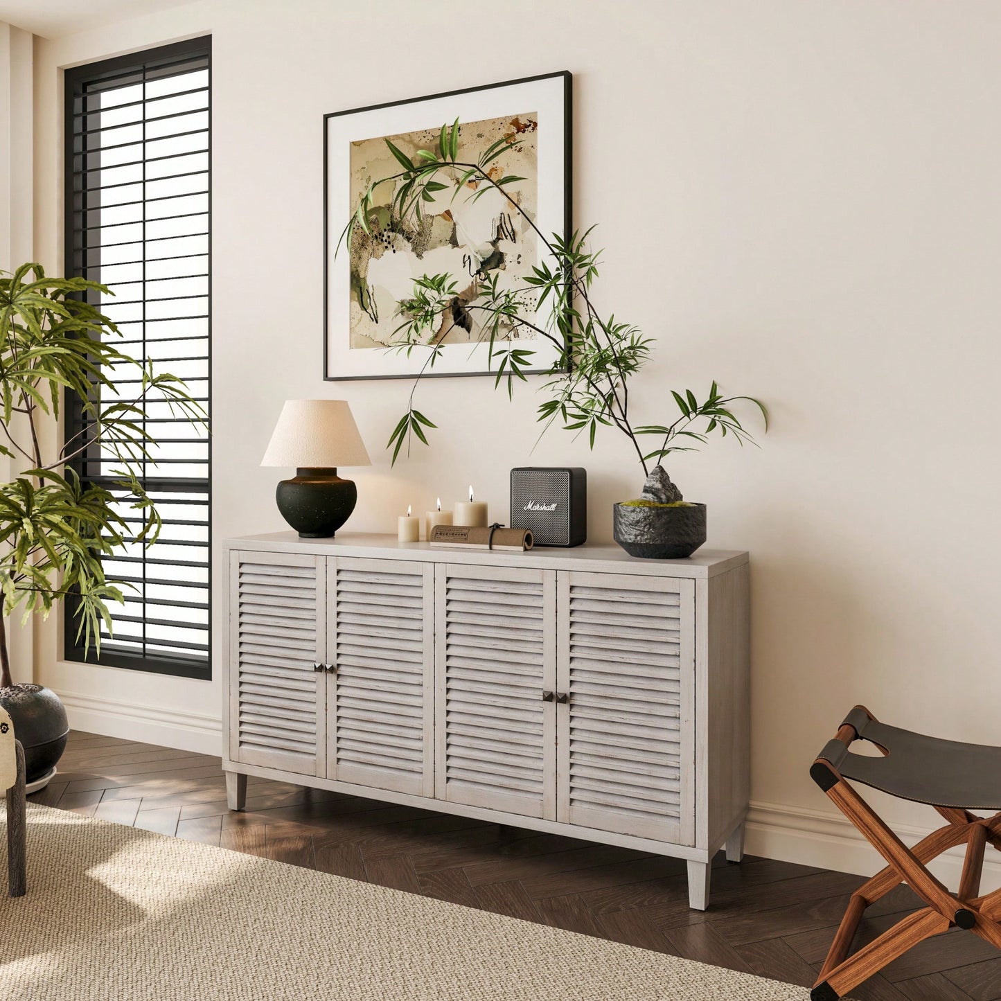 Wooden Accent Cabinet With 4 Shutter Doors For Living Room Entryway Kitchen And Dining Room Storage Distressed White