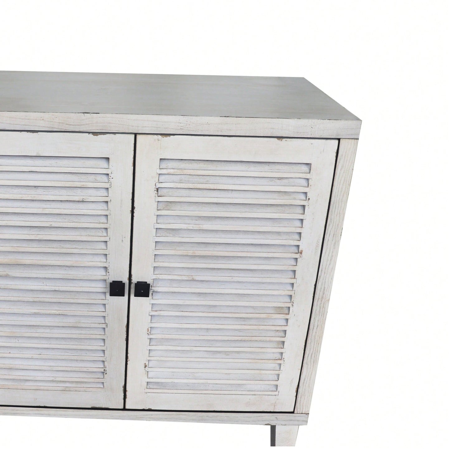 Wooden Accent Cabinet With 4 Shutter Doors For Living Room Entryway Kitchen And Dining Room Storage Distressed White