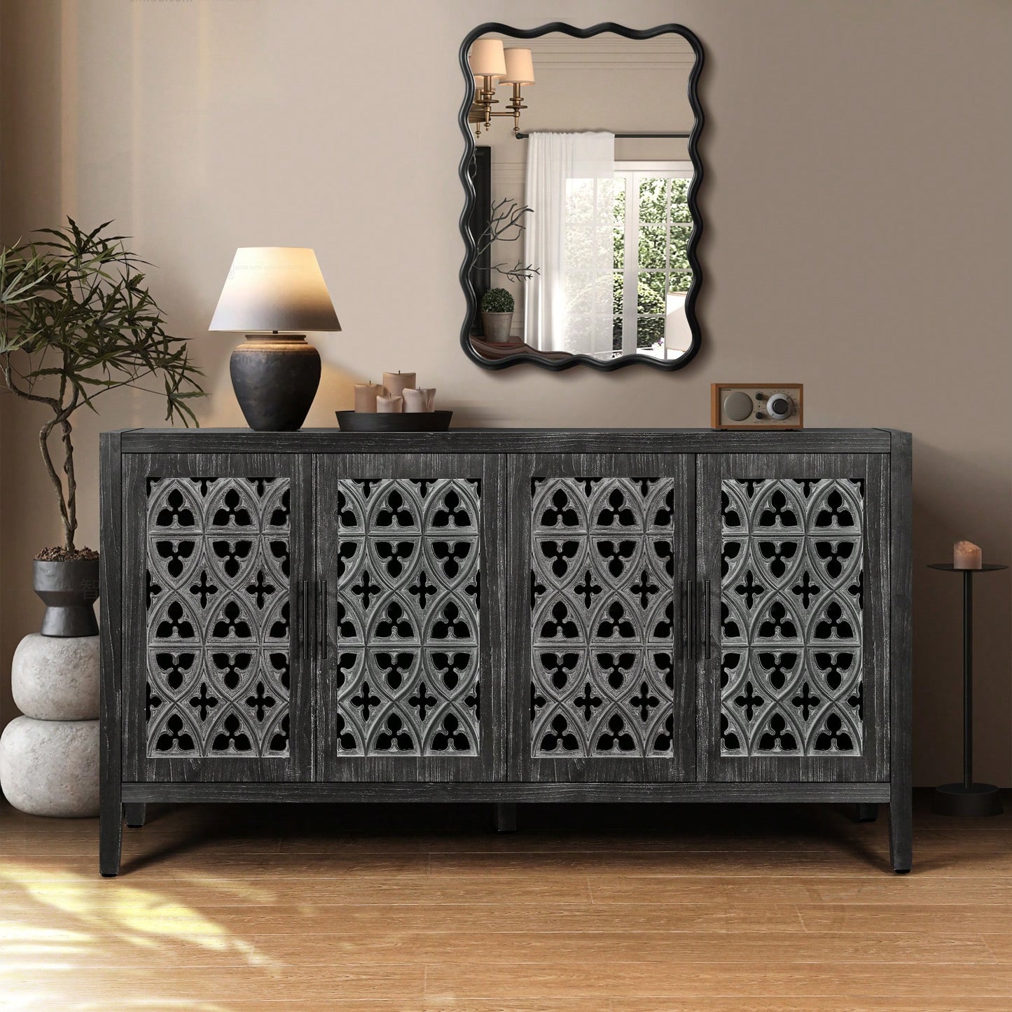 Hollow Four Door Antique Cabinet In Rustic Black Finish For Living Room Or Kitchen Storage