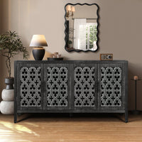 Hollow Four Door Antique Cabinet In Rustic Black Finish For Living Room Or Kitchen Storage