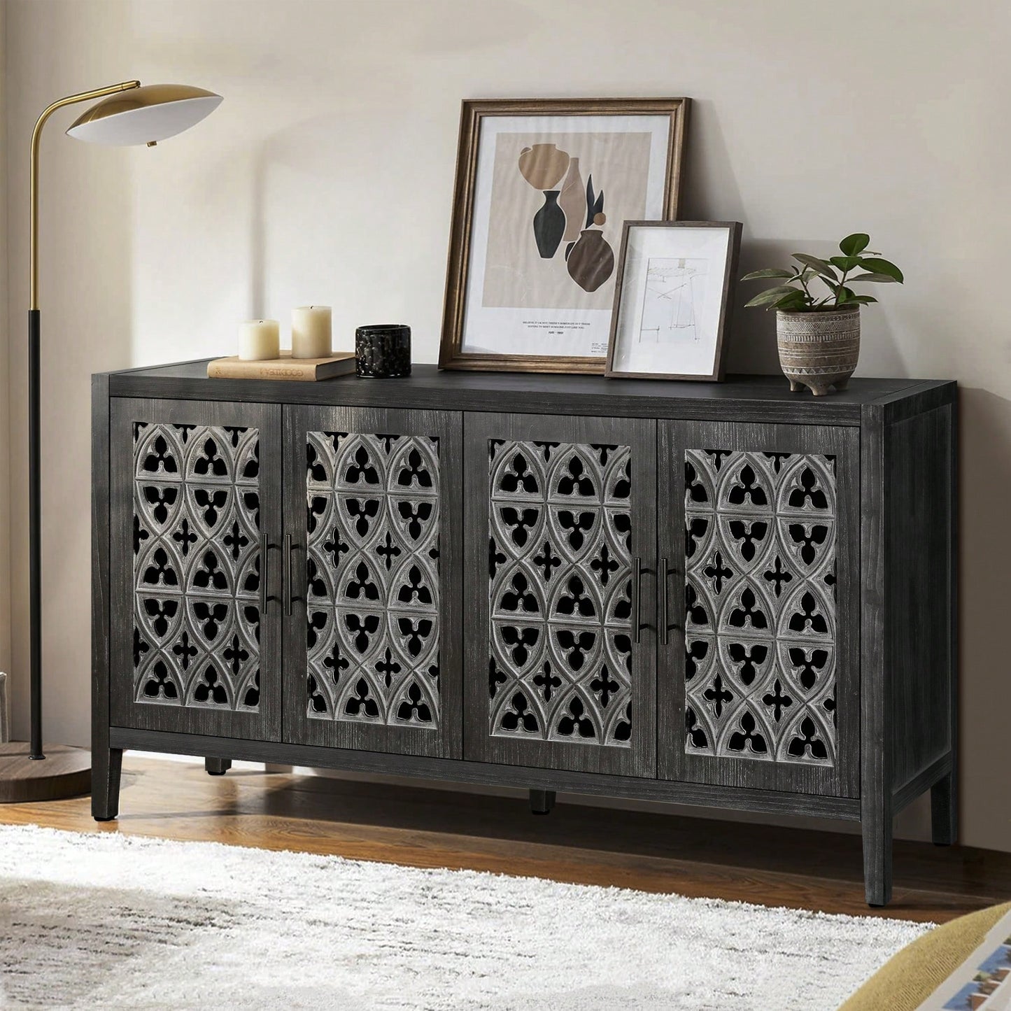 Hollow Four Door Antique Cabinet In Rustic Black Finish For Living Room Or Kitchen Storage