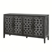 Hollow Four Door Antique Cabinet In Rustic Black Finish For Living Room Or Kitchen Storage