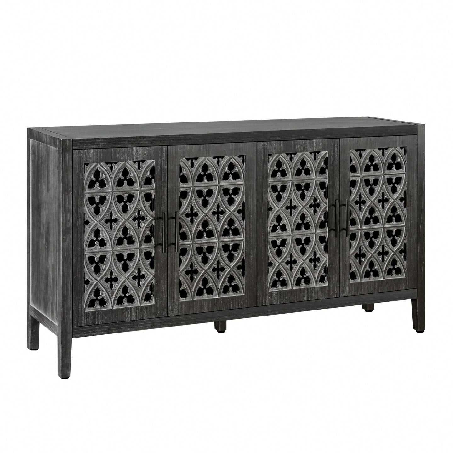 Hollow Four Door Antique Cabinet In Rustic Black Finish For Living Room Or Kitchen Storage