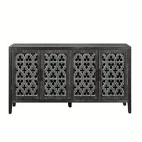 Hollow Four Door Antique Cabinet In Rustic Black Finish For Living Room Or Kitchen Storage