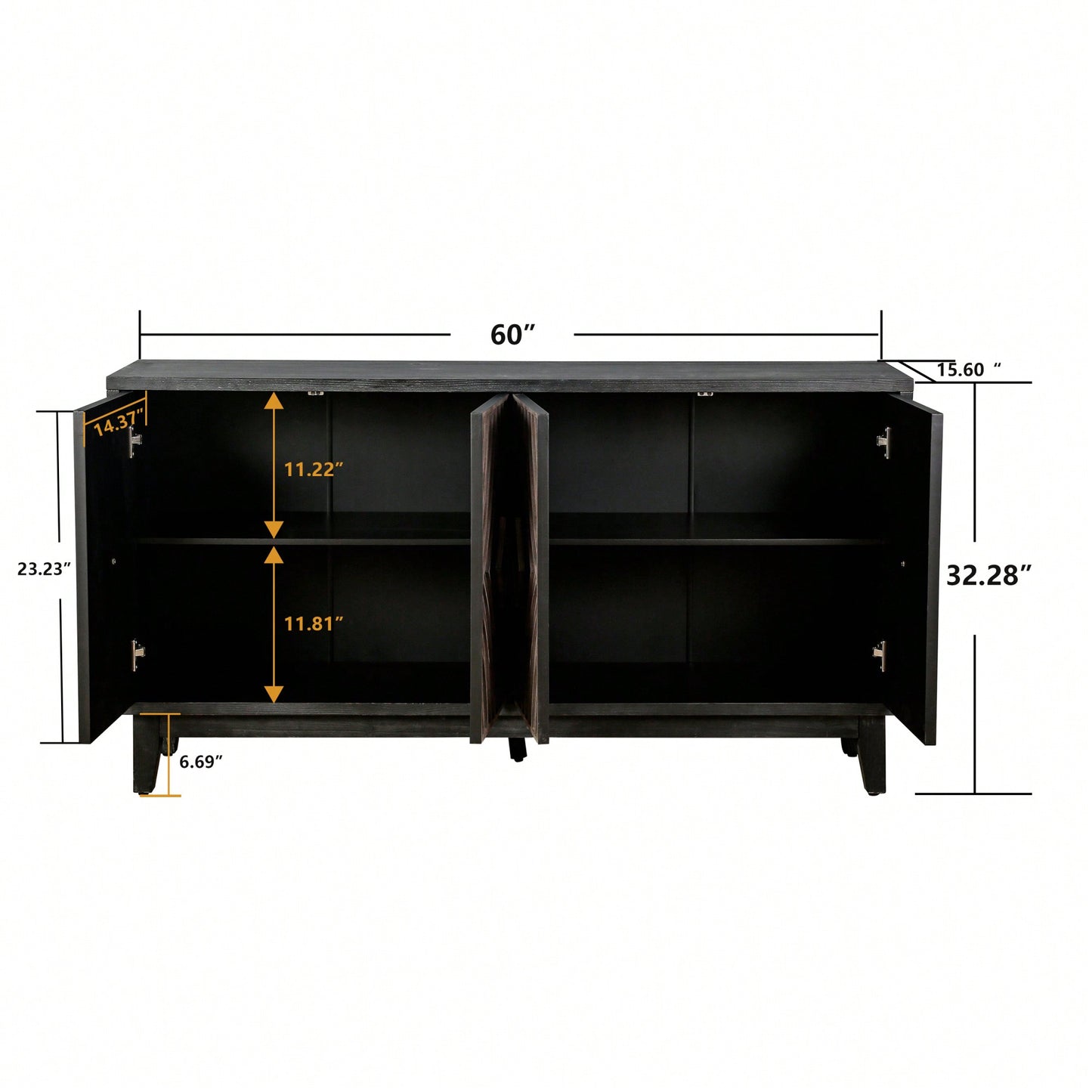 Mid Century Modern Buffet Cabinet 60 Inch Solid Wood Legs Kitchen Storage Credenza with 4 Diamond Pattern Doors and 2 Shelves