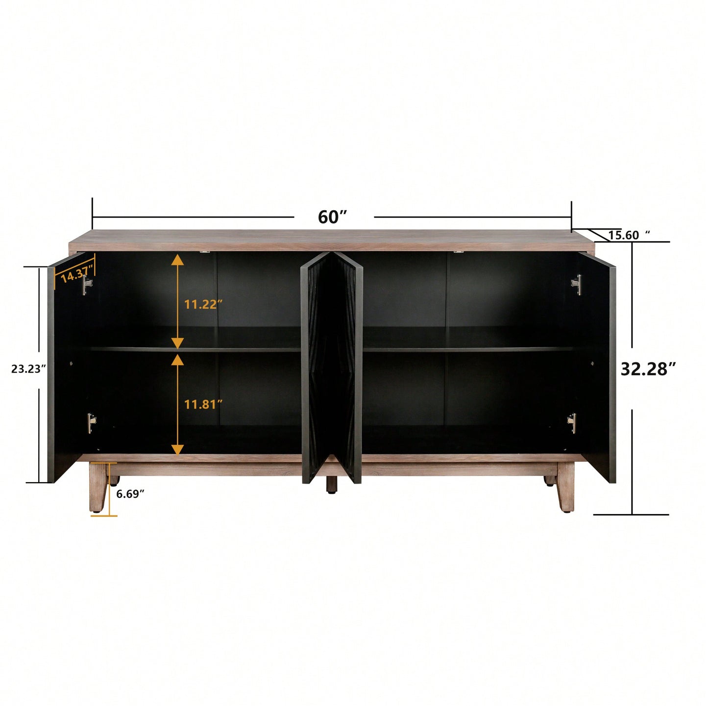 Mid Century Modern Buffet Cabinet 60 Inch Solid Wood Legs Kitchen Storage Credenza with 4 Diamond Pattern Doors and 2 Shelves