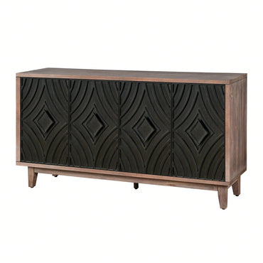 Mid Century Modern Buffet Cabinet 60 Inch Solid Wood Legs Kitchen Storage Credenza with 4 Diamond Pattern Doors and 2 Shelves