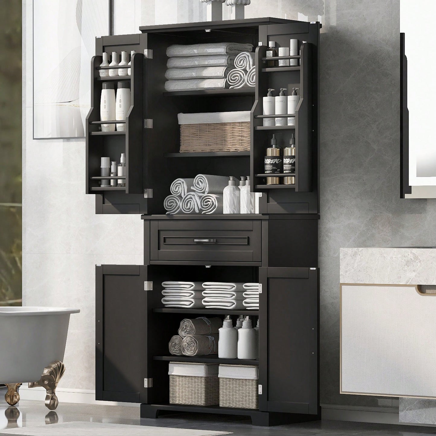 Versatile White Bathroom Storage Cabinet With Doors And Drawer Adjustable Shelves For Organized Space