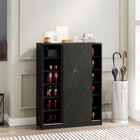Marble Black Sliding Door Shoe Cabinet With 6 Layers For Up To 30 Pairs Of Shoes