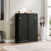 Marble Black Sliding Door Shoe Cabinet With 6 Layers For Up To 30 Pairs Of Shoes