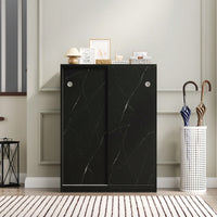 Marble Black Sliding Door Shoe Cabinet With 6 Layers For Up To 30 Pairs Of Shoes