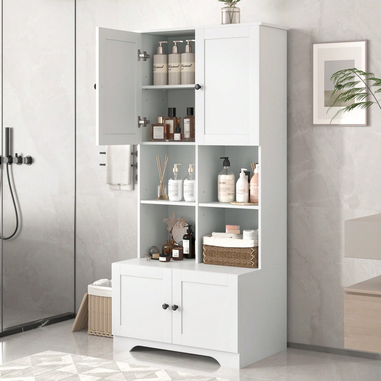 Tall White Freestanding Bathroom Storage Cabinet With 4 Doors Adjustable Shelves And Open Multi-Layer Design