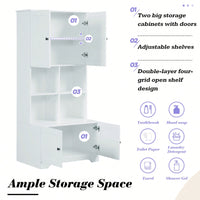 Tall White Freestanding Bathroom Storage Cabinet With 4 Doors Adjustable Shelves And Open Multi-Layer Design