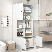 Tall White Freestanding Bathroom Storage Cabinet With 4 Doors Adjustable Shelves And Open Multi-Layer Design